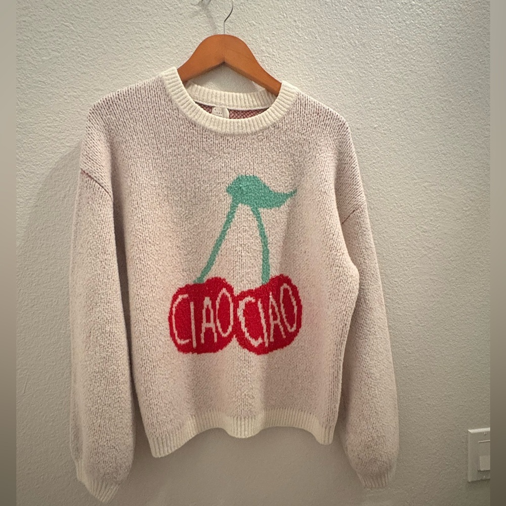 a new day Cream Sweater with Red and Green Cherry Design